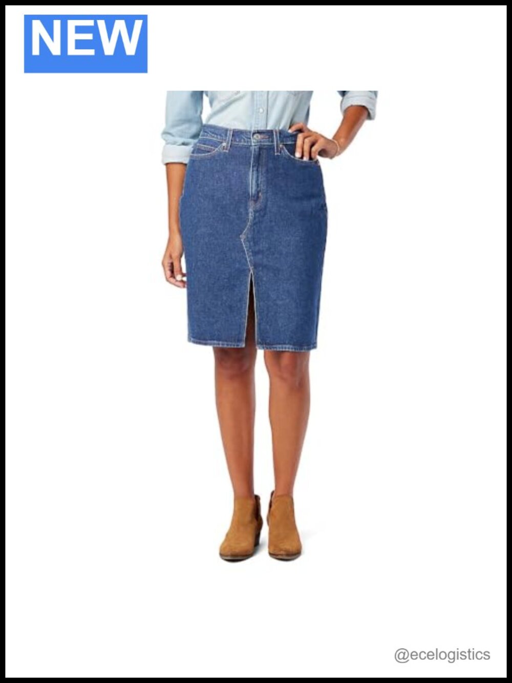 Women's Midi Skirt Knee-Length Cotton Elastane Zip Front